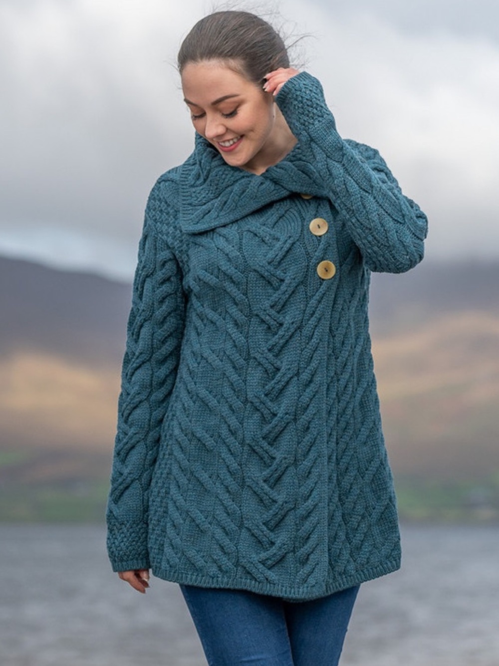 Aran Woollen Mills 3 Button Long Supersoft Merino Wool Cableknit Cardigan Blue
